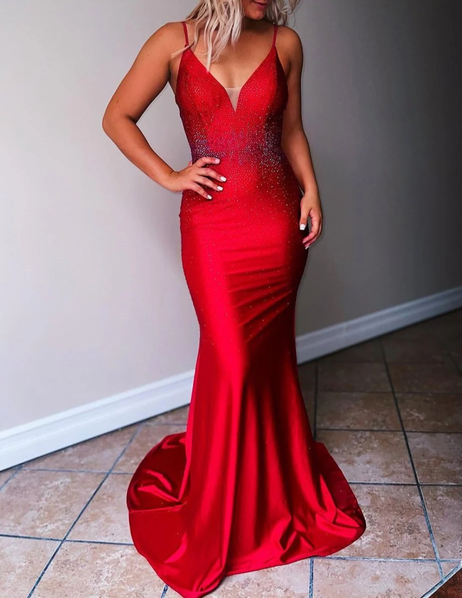 Mermaid Spaghetti Straps Beaded Satin Prom Dress