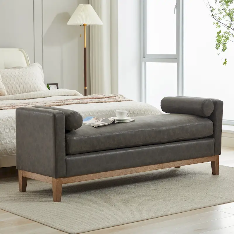 Gray / Brown / Ivory / Black Upholstered Bedroom Bench with Solid Wood Legs, Single