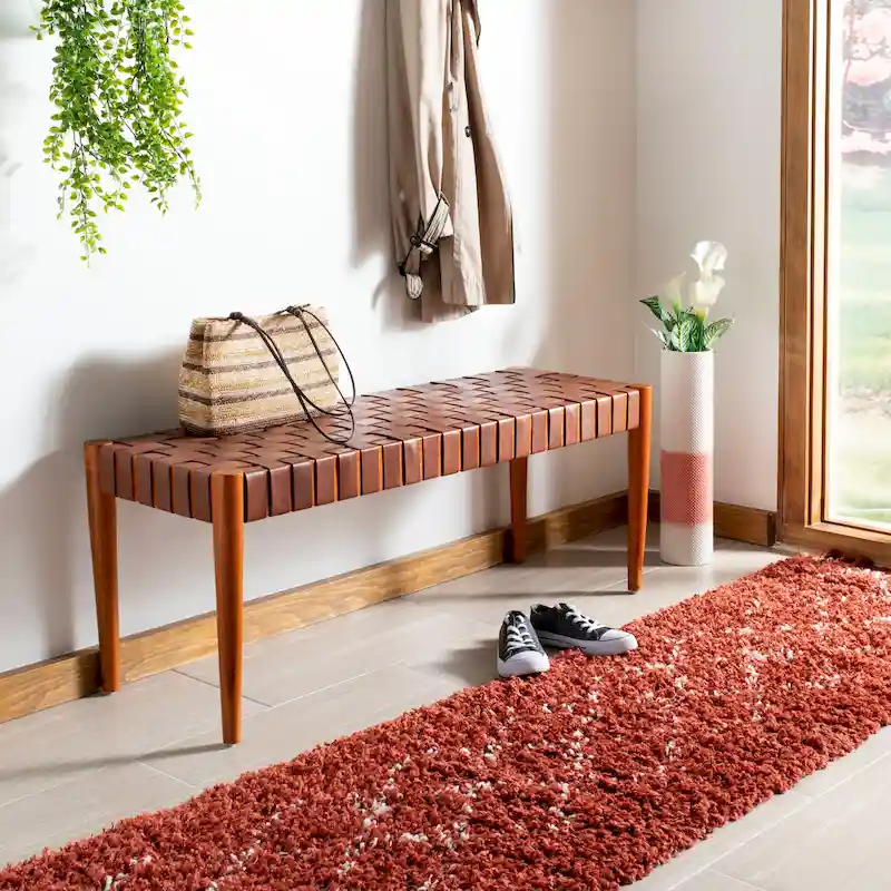 SAFAVIEH Manervia Wood & Leather Bench - 47Wx16Dx18H