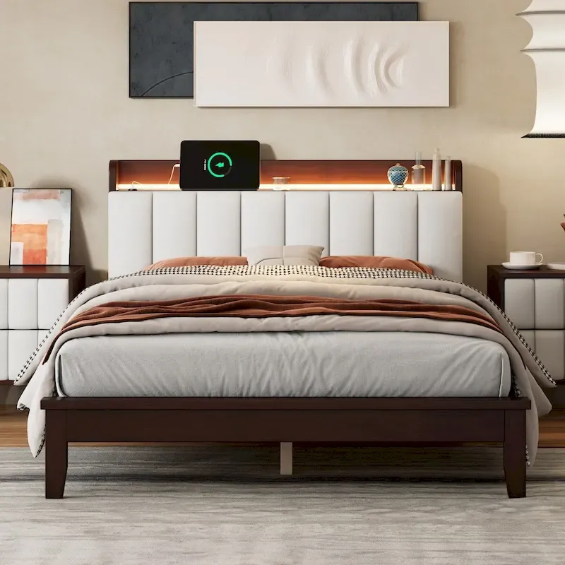 Walnut/Grey Upholstered Platform Bed with LED Headboard & USB Charging, Full/Queen, Fits 2