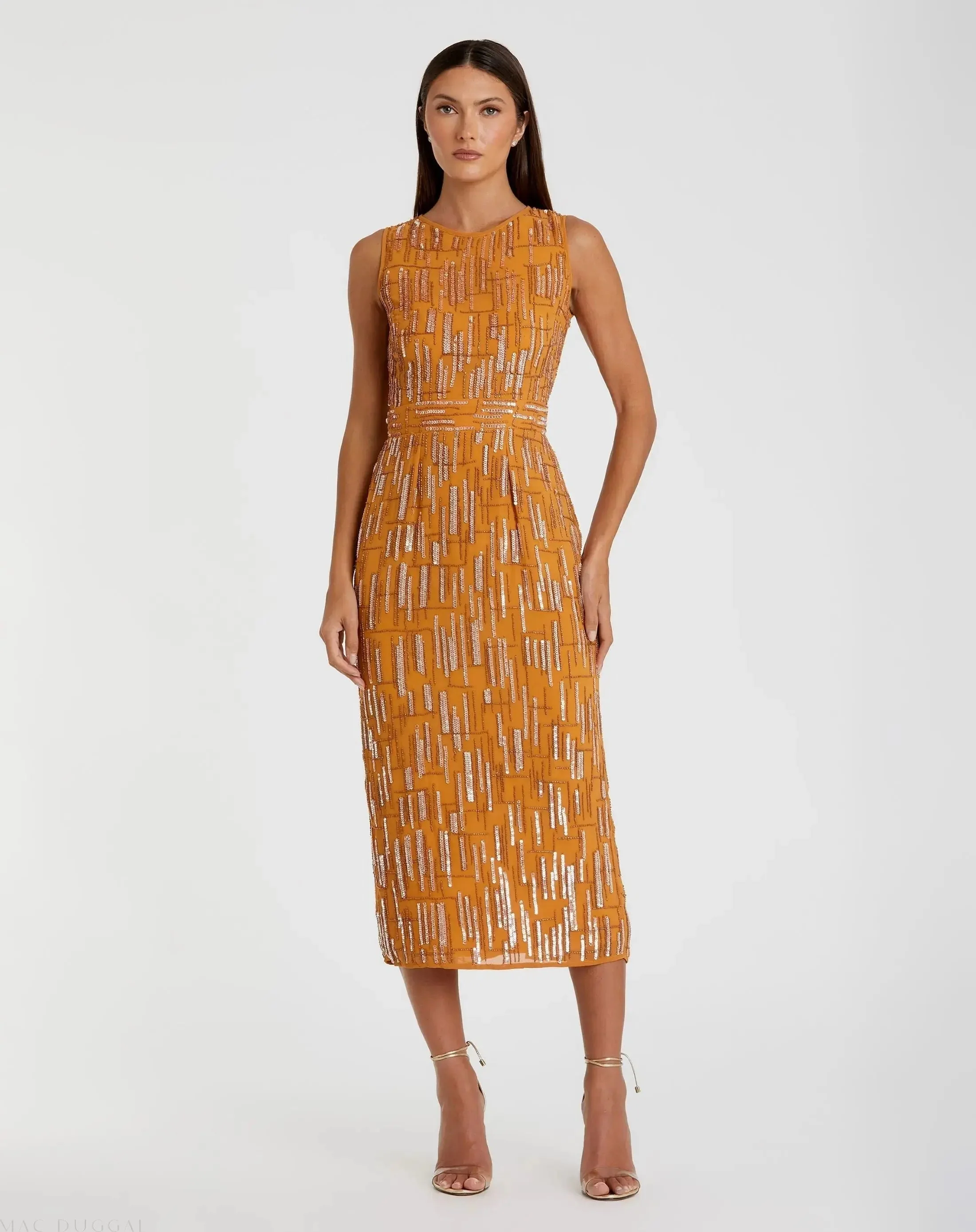 Orange Abstract Beaded Sleeveless Midi Sheath Dress