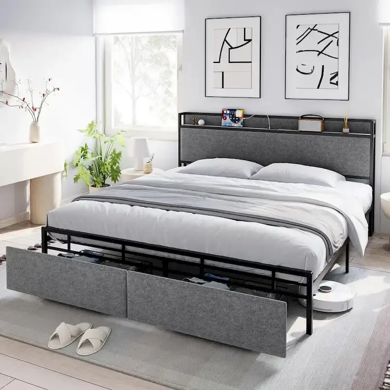 Grey King Platform Bed Frame with Storage & Charging Station