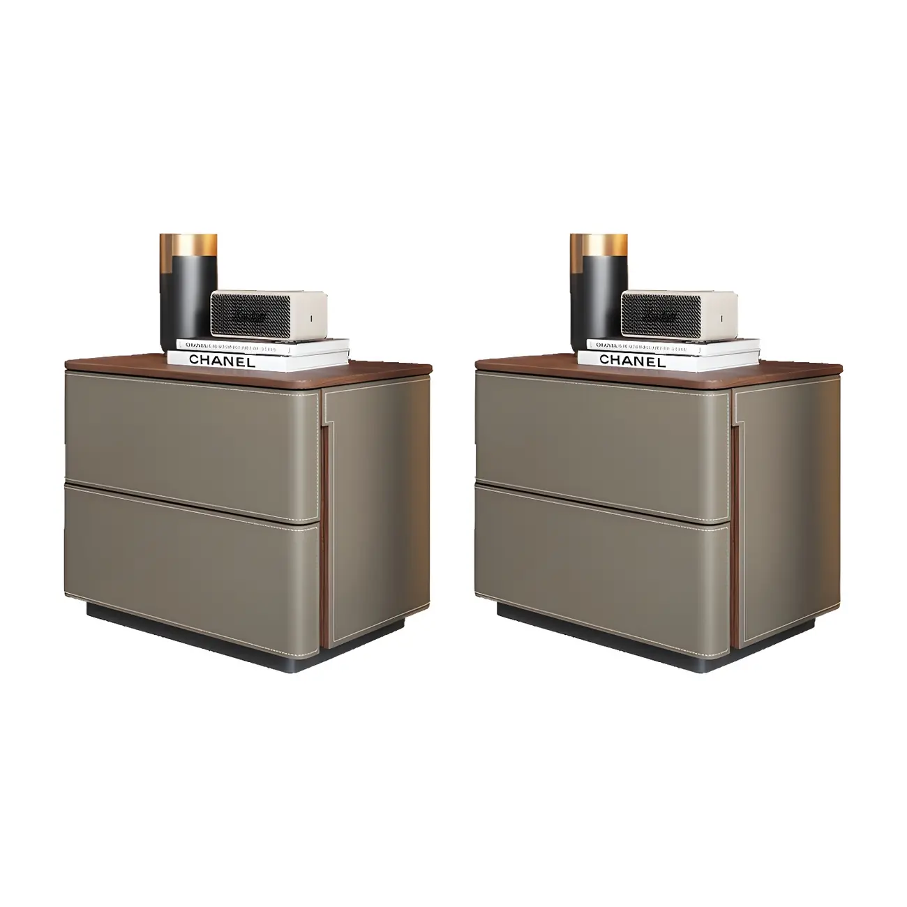 Modern Faux Leather Wood Top Drawers Nightstand