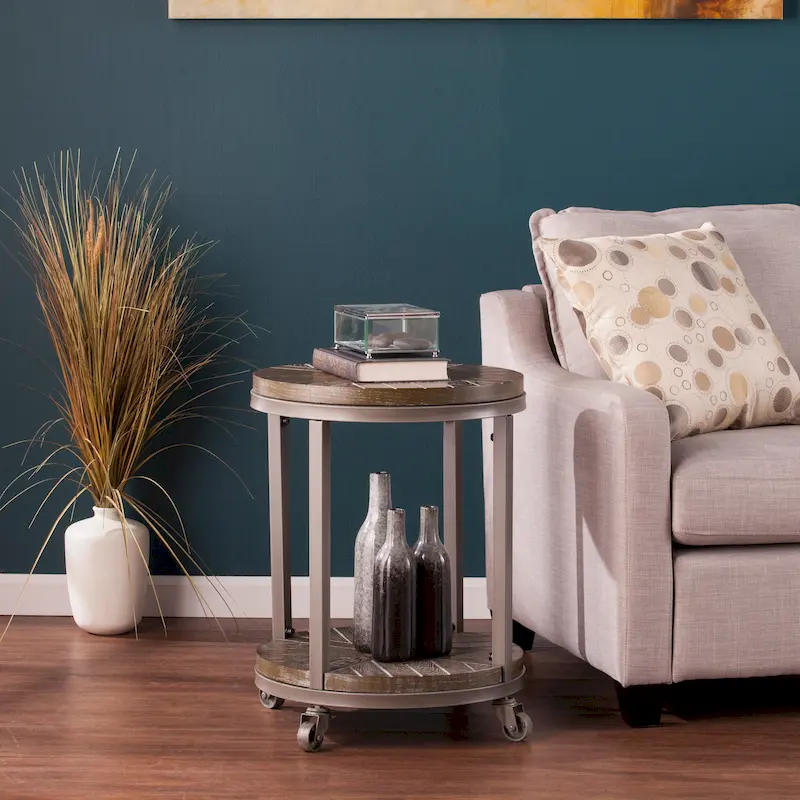 SEI Furniture Kenya Industrial Brown Wood Round Side Table with Shelf