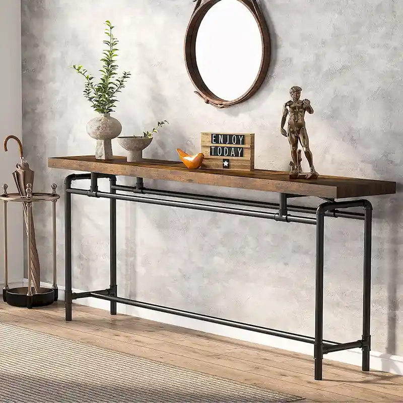 Rustic Brown & Black Industrial Console Table with Wood Top & Metal Pipe Legs, 70.9 Inch, 1-Person
