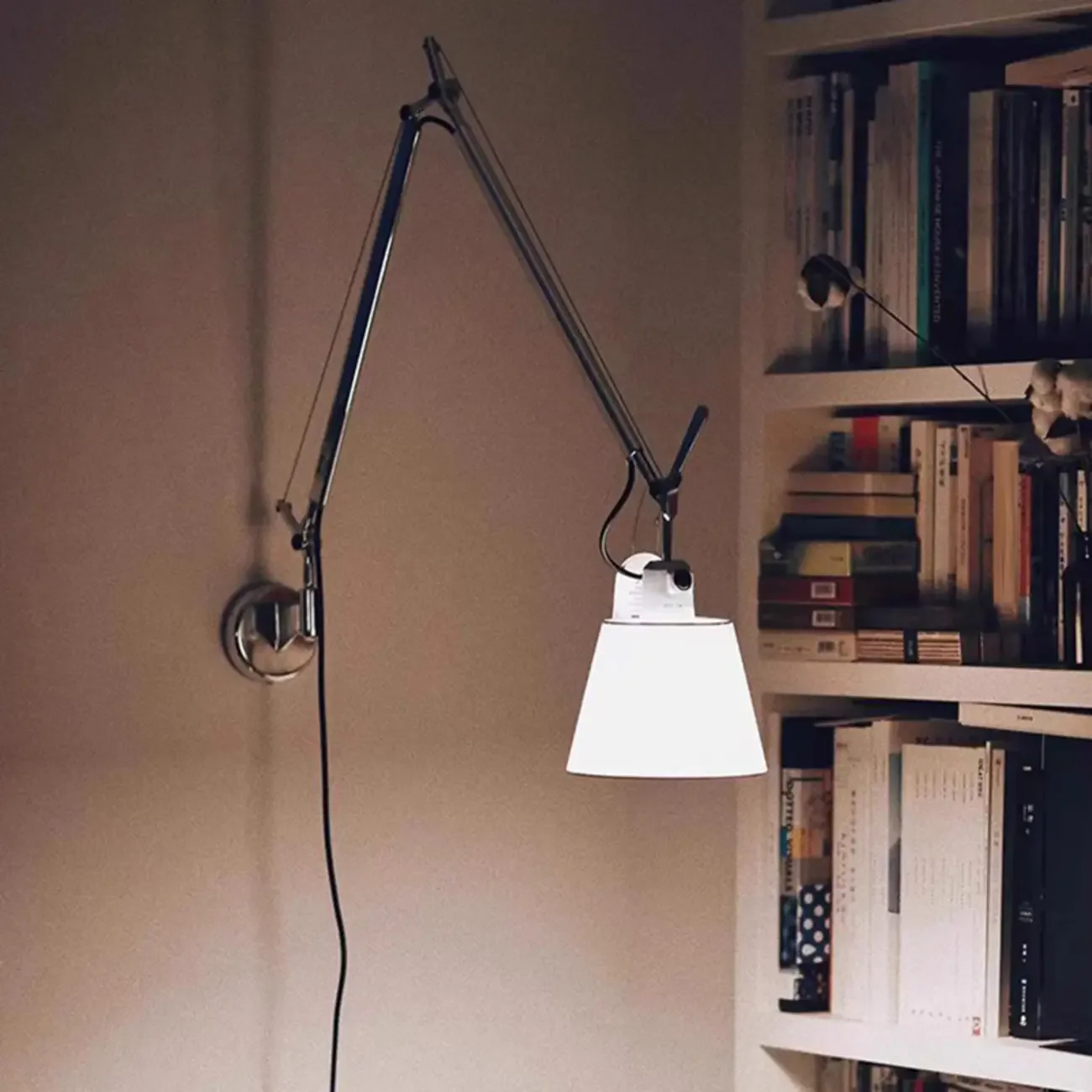 Industrial Silver Swing Arm Wall Light with White Fabric Shade