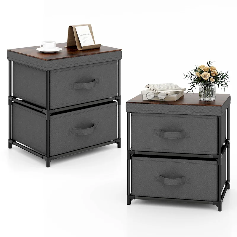Grey 2-Drawer Fabric Nightstand, Industrial Style, Set of 2