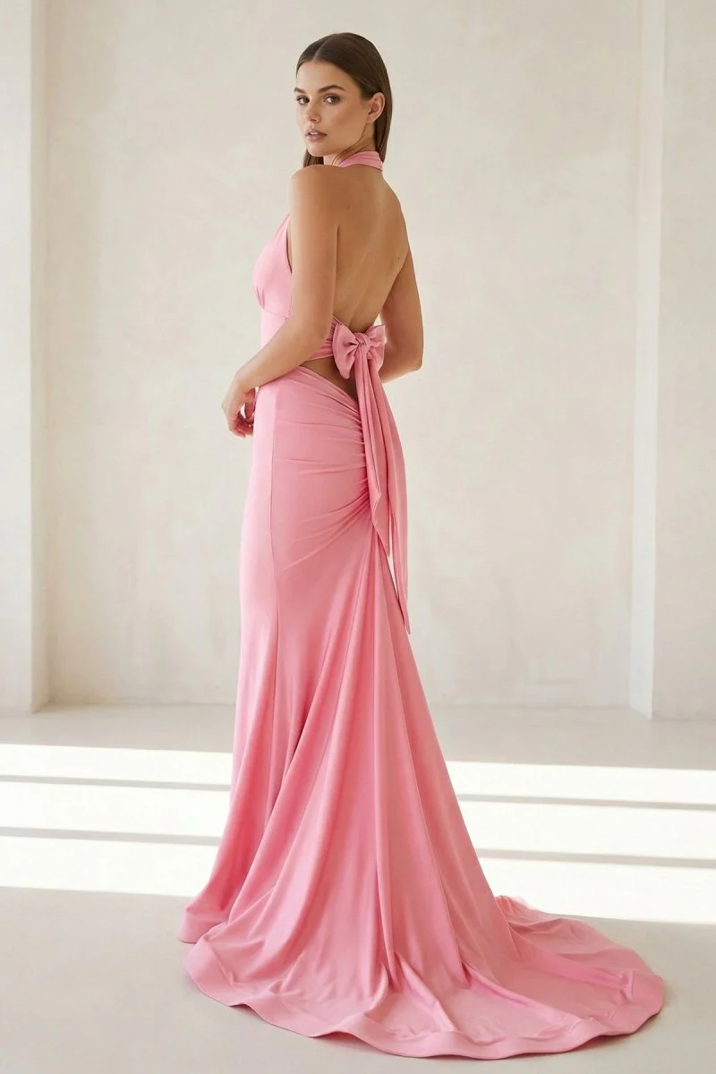 Pink Halter Mermaid Satin Open Back Formal Prom Dresses With Bow