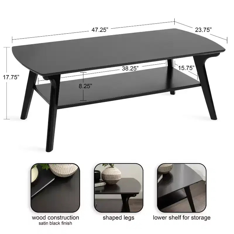 Kate and Laurel Louena Wood Coffee Table, 48x24x18, Black