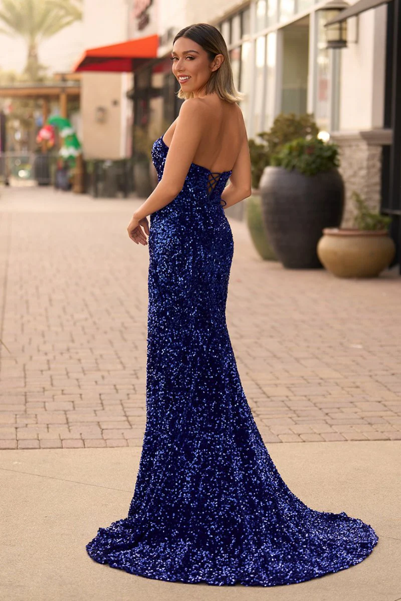 Mermaid Strapless Sequins Long Prom Dress with Slit