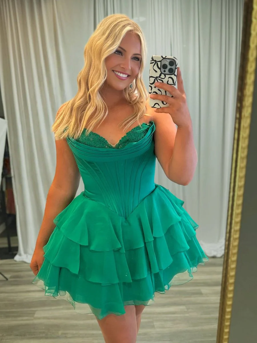 Emerald - A-Line Sweetheart Corset Ruffle Homecoming & Cocktail Dresses With Applique