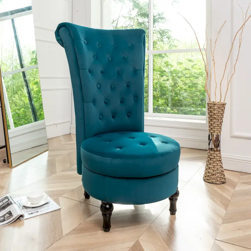 Greenish Blue / Grey / Dark Blue / Mustard Yellow / Green / Ivory / Rose / Orange Red / Black Velvet High-Back Tufted Accent Chair – Single