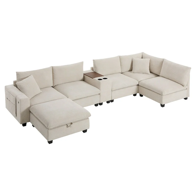 U Shaped Chenille Sofa w/Ottoman,Console,Cup Holder,Wide Seat,USB
