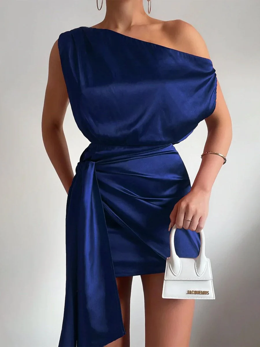 Navy Blue - Sheath One Shoulder Satin Homecoming Dresses with Drape