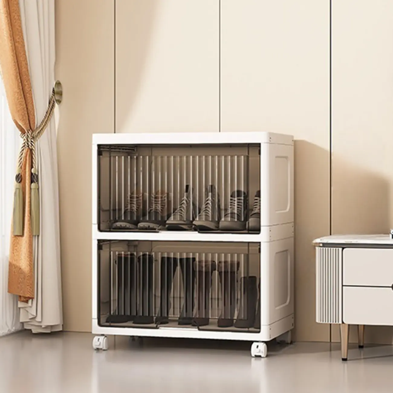 Hallway White Plastic Drop-Front Shoe Cabinet with Casters