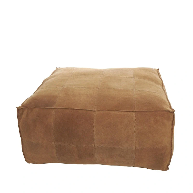 Leather Low Profile Square Pouf with Patchwork Design - Brown, Gray or Dark Brown