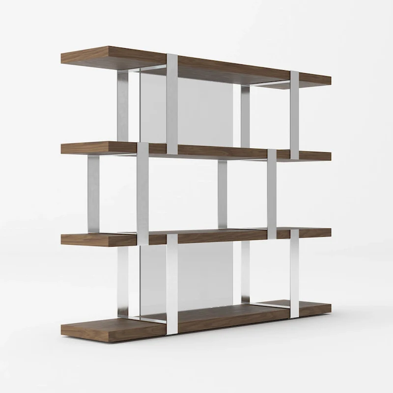 Brewer Modern Walnut Glass & Stainless Steel Bookshelf