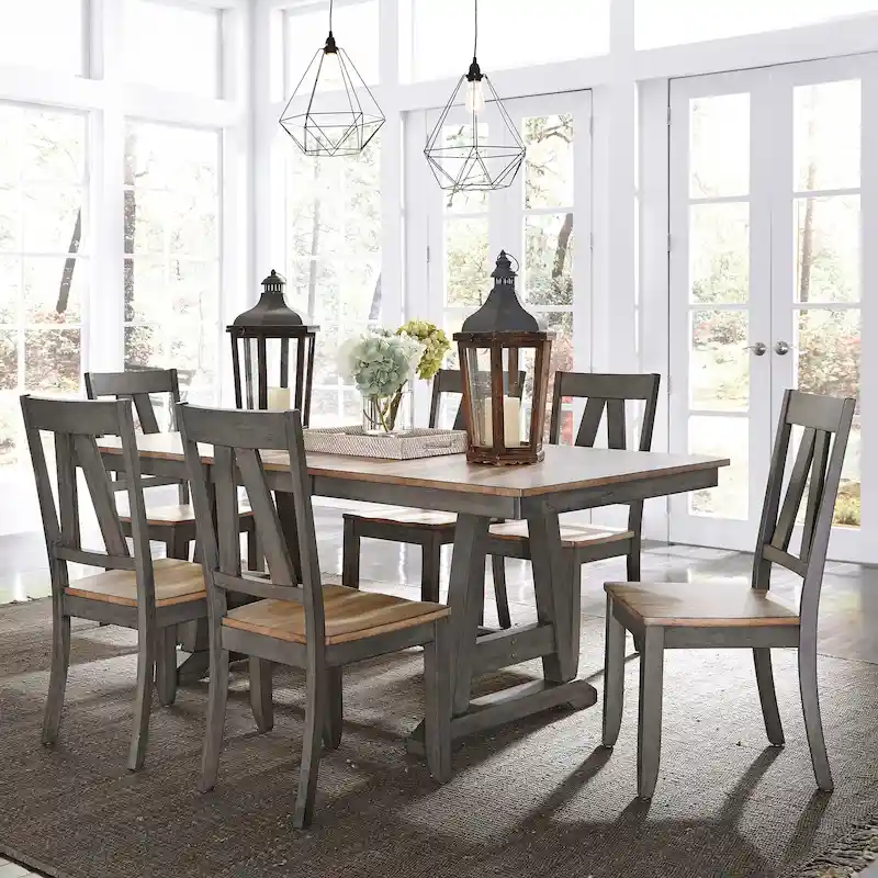 Lindsey Farm Gray and Sandstone 7 Piece Trestle Table Set