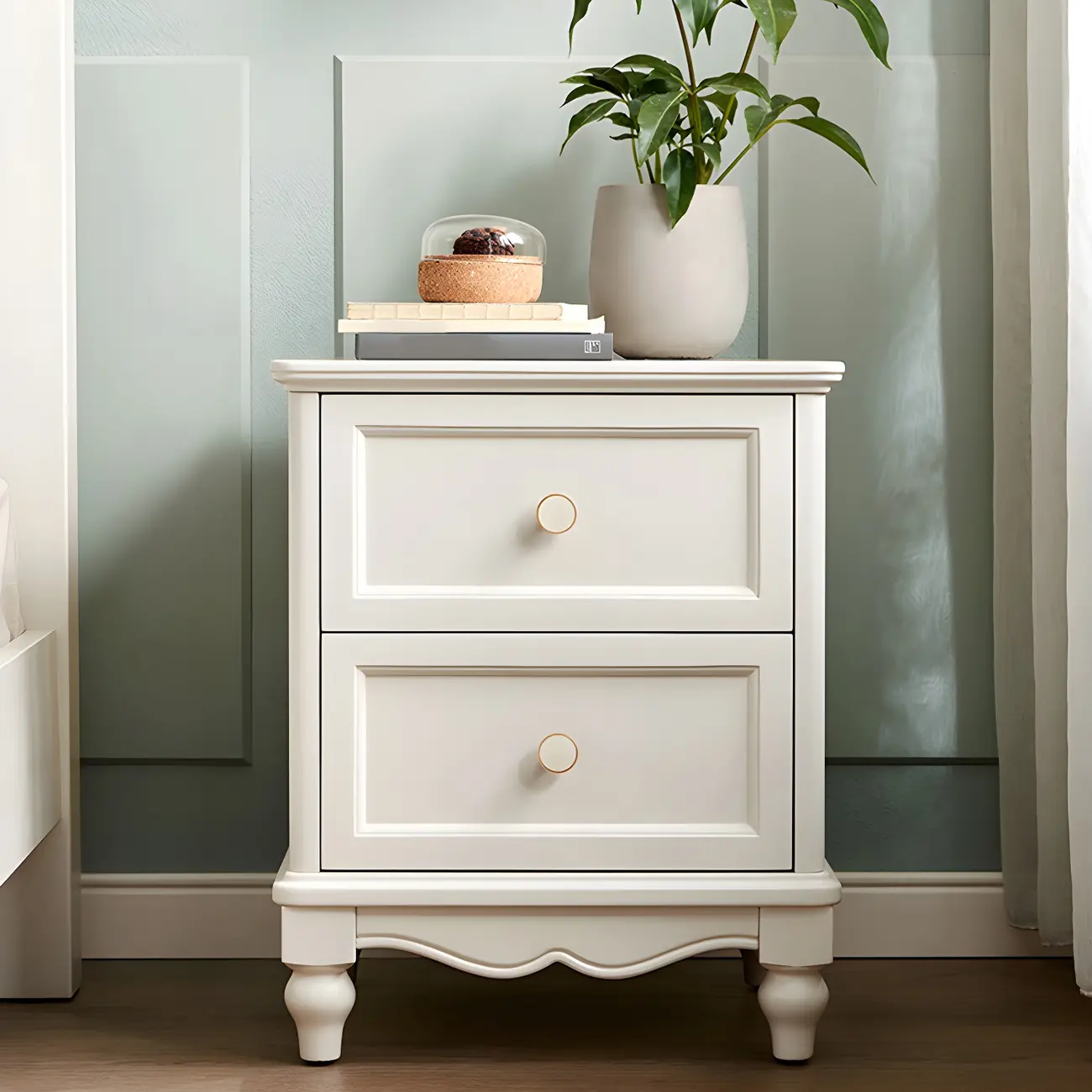 French 2-Layer White Wood Bedroom Nightstand
