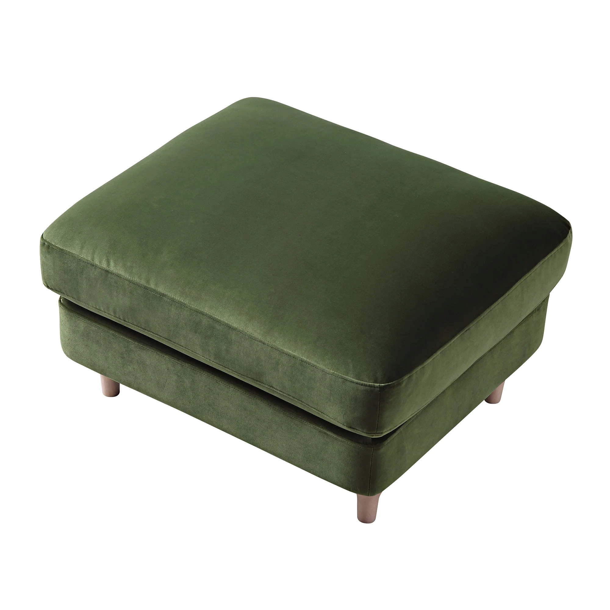 Traditional English Footstool - Fern Green Velvet, Washed Wood Legs, Padded Seat, 31.5