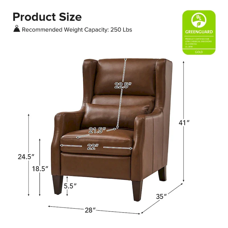 Genuine Leather Wingback Armchair with Pillow