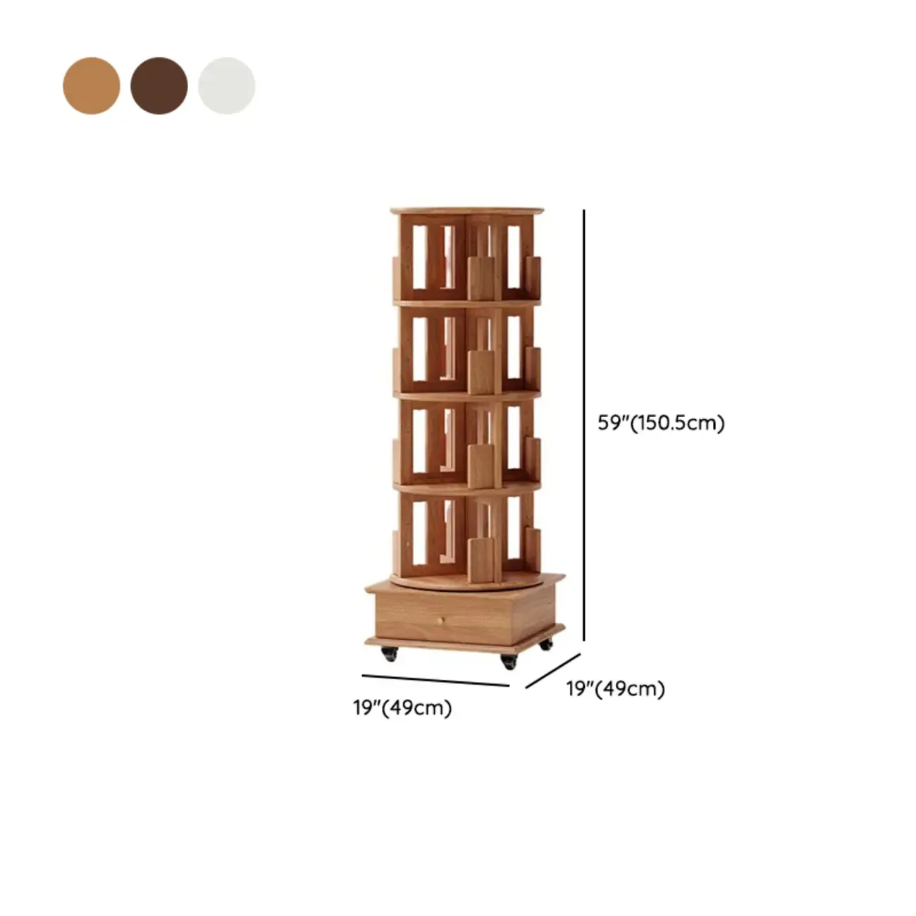Cylindrical Movable 360° Rotating Wooden Bookshelf with Drawer