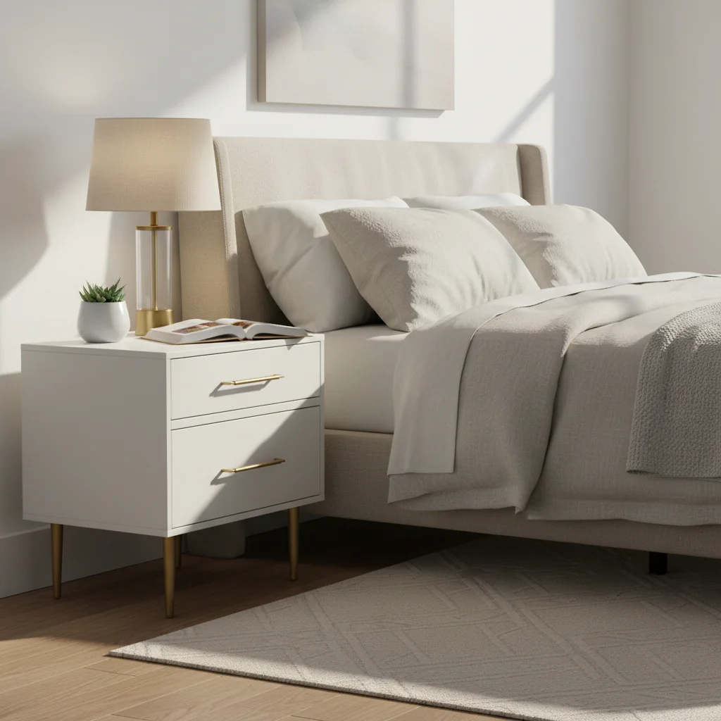 25.75 White Two Drawer Nightstand with Gold Pulls