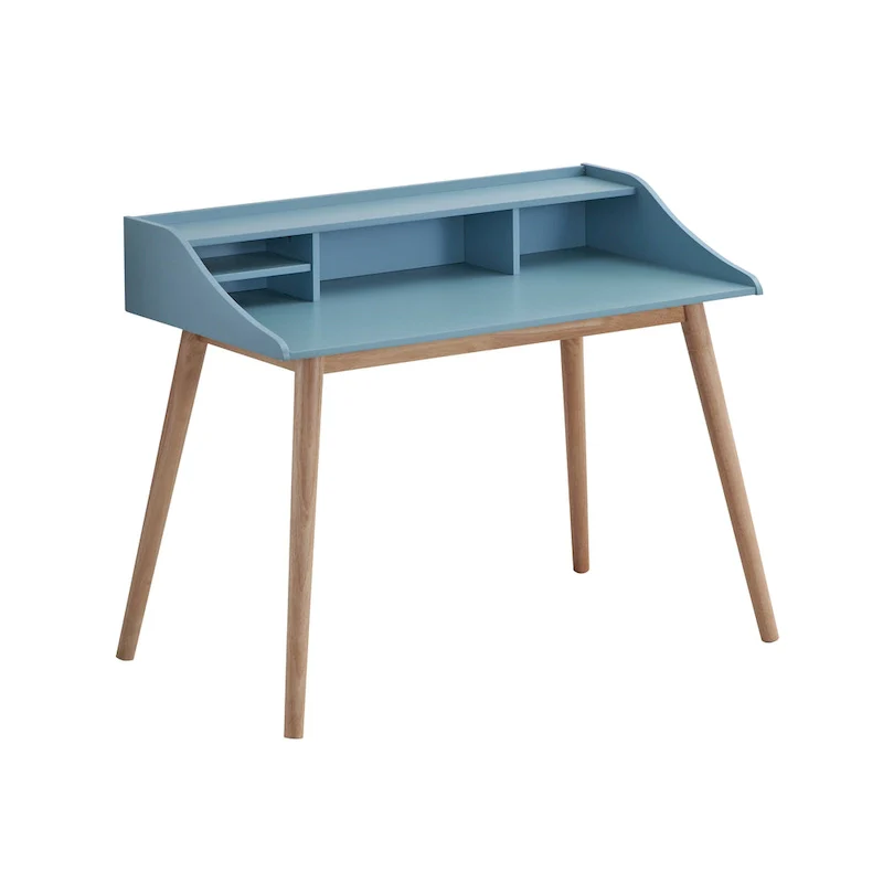 Blue Mid-Century Modern Wood Writing Desk with Hutch – 1 Person