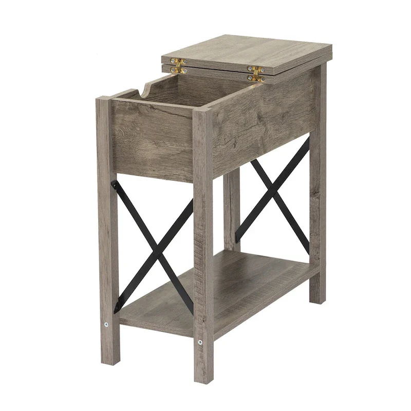 Farmhouse Flip Top Nightstand End Table W/Drawer 2AC Outlets 2USB