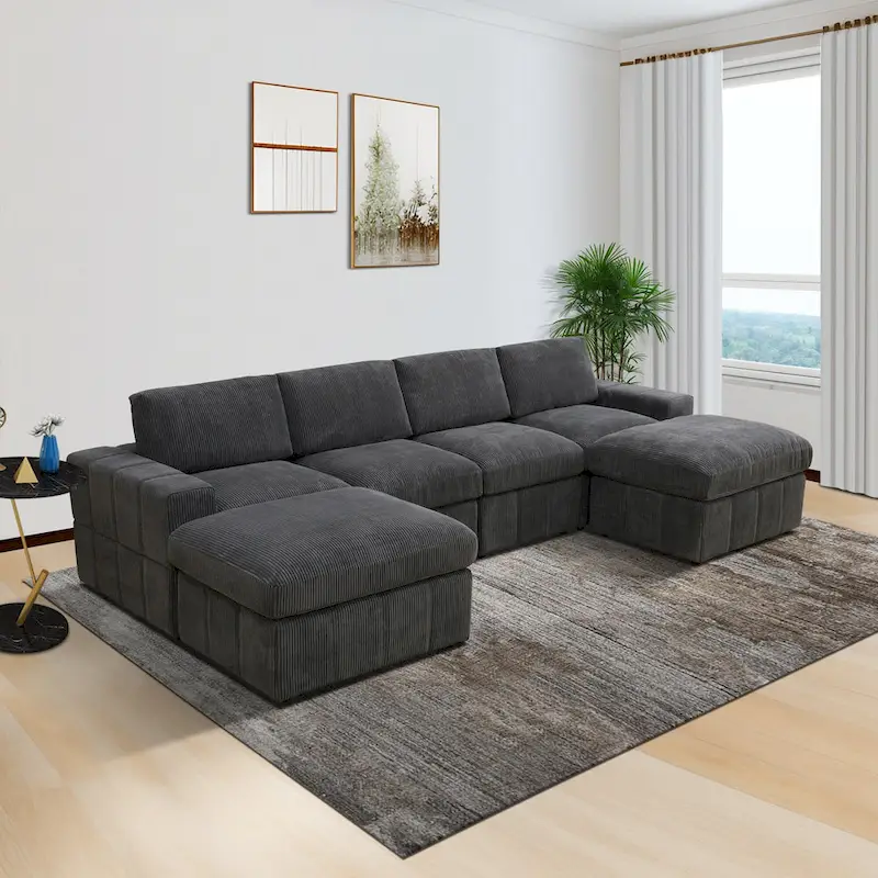 132W U-Shaped Corduroy Modular Sectional Sofa Couch