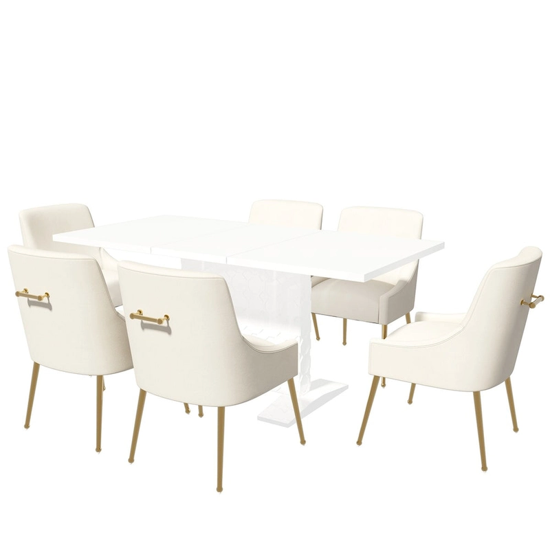7-Piece Clihome High-gloss Extendable Table Velvet Chair Dining Set