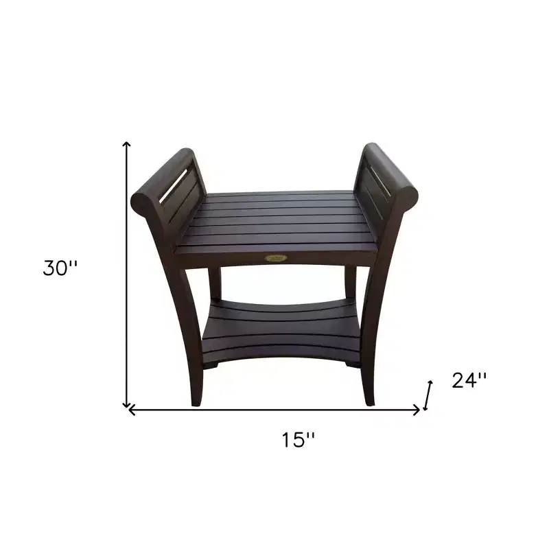 HomeRoots Rectangular Teak Shower Bench With Shelf And Handles In Brown Finish