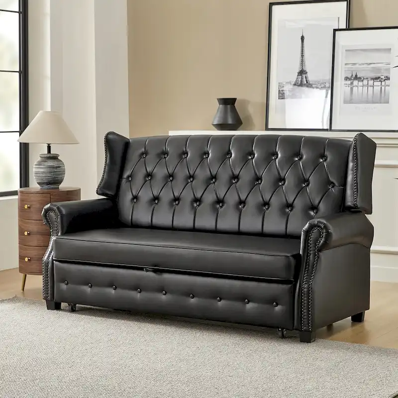 73.6 Vegan Leather Sofa Bed with Tufted Back and Nailhead