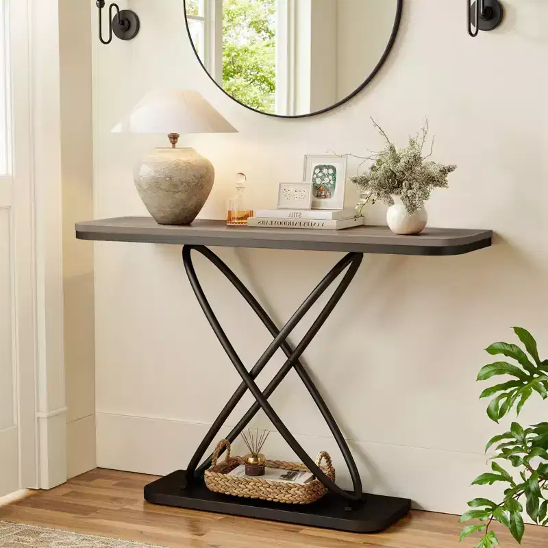 Bekrvio 47.4 Farmhouse Console Table - Rustic Entryway Table with Black Metal Frame | Narrow Sofa Table for Living Room, Hallway, Foyer