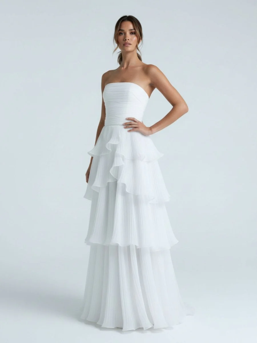 Cute A-Line  Chiffon Strapless Tiered Wedding Dresses