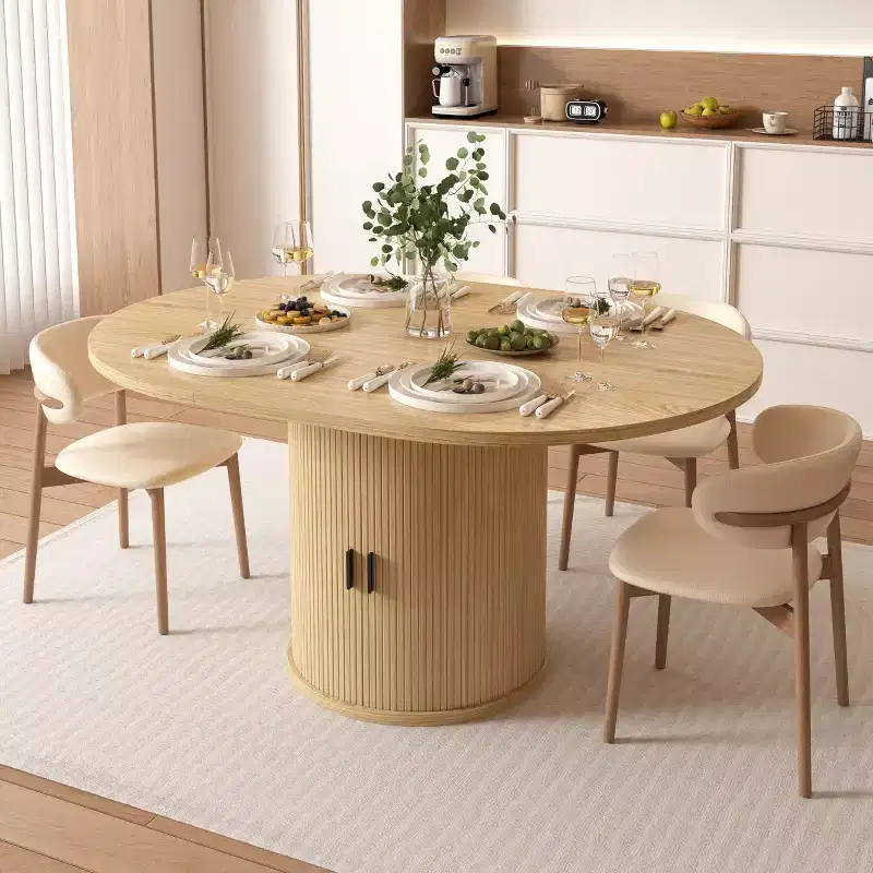 Dyonery Extendable Dining Table 43-59 for 4-6, Solid Wood Top with Fluted Slide Door & 8-Compartment Storage, Space-Saving Pedestal Base