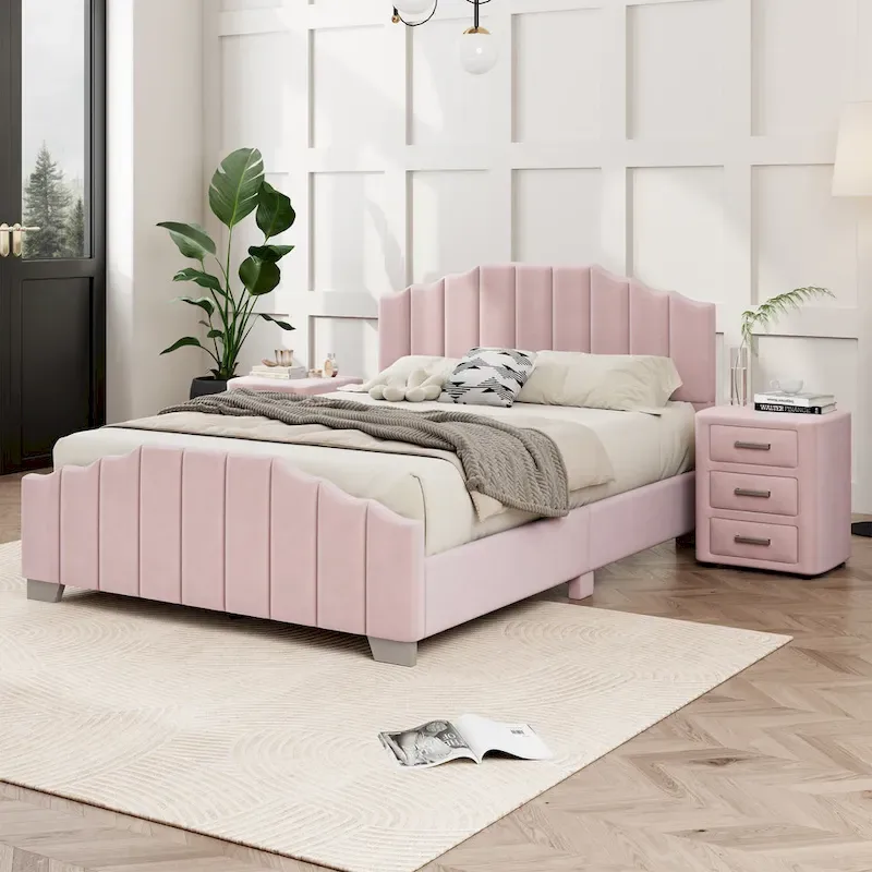 Velvet Upholstered Platform Bed Frame Vertical Channel Wingback Bed Tufted Headboard Footboard, Low Profile Panel Bed