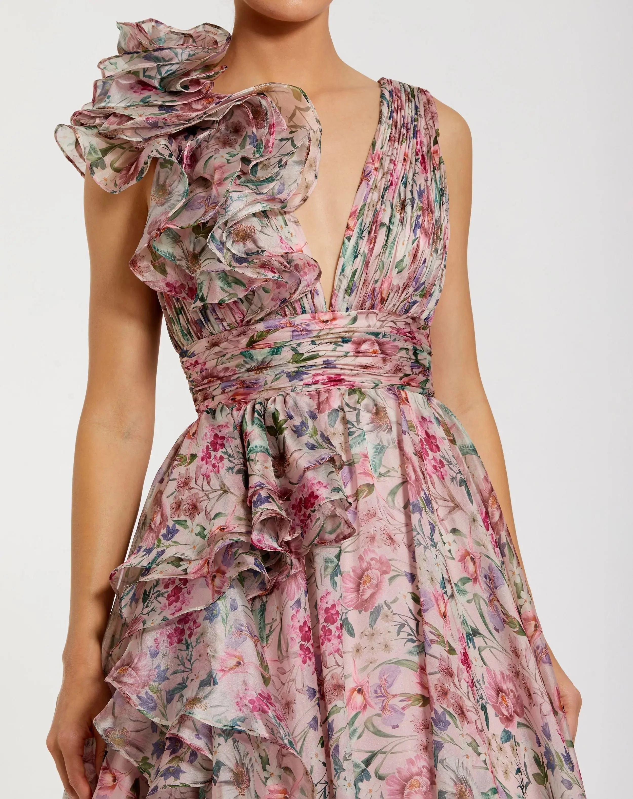 Pink Sleeveless V-Neck Floral Chiffon Ruffle Ball Gown