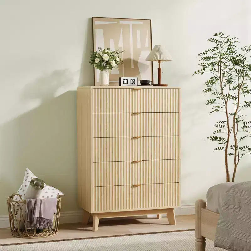 5 Drawer Dressers 2pcs, Fluted Closet Dressers Chest of Drawers, Wood Storage Dresser Organizer for Bedroom Living Room Hallway, Natural