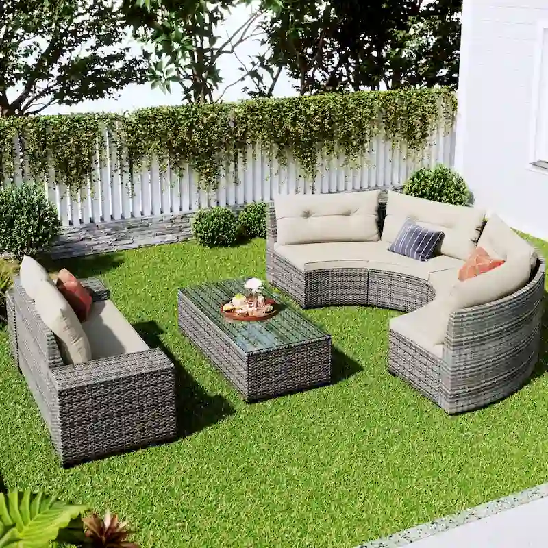 GO 8-pieces Outdoor Wicker Round Sofa Set With Rectangular Coffee Table
