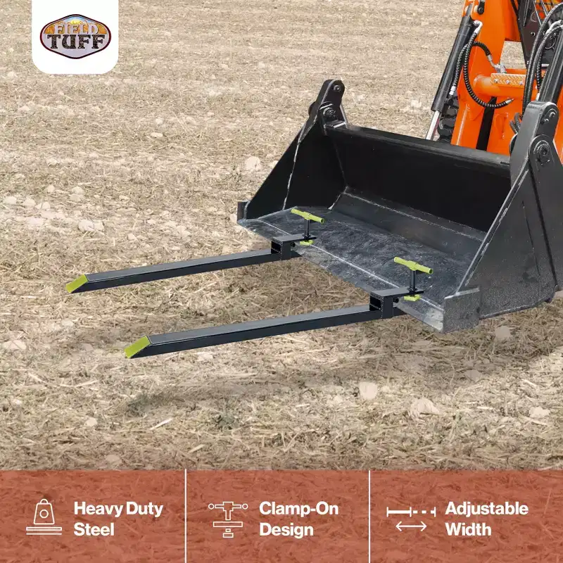 Field Tuff Steel Tractor Bucket Forks, 1,600 Pound Capacity, Heavy Duty Skid Loader Attachments for Pallet Lifting, 2 Pack, Black/Green
