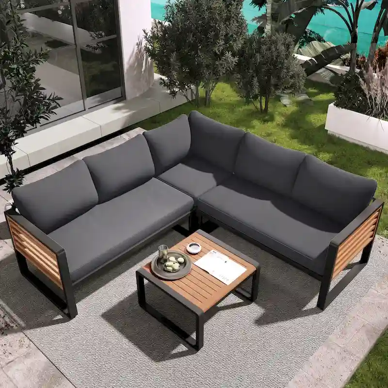 4-Piece Iron L-Shaped Sectional Sofa Set with Cushions & Table