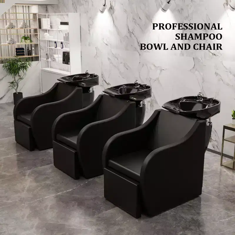 Karl Home Electric Shampoo Bowl and Chair Backwash Unit with Reclining Legrest and Tilting Porcelain Shampoo Sink