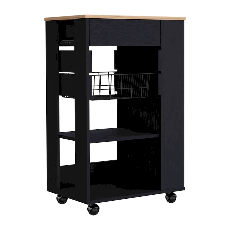 Kitchen Cart, One Drawer, Two Open Shelves, Four Casters -White / Light Oak