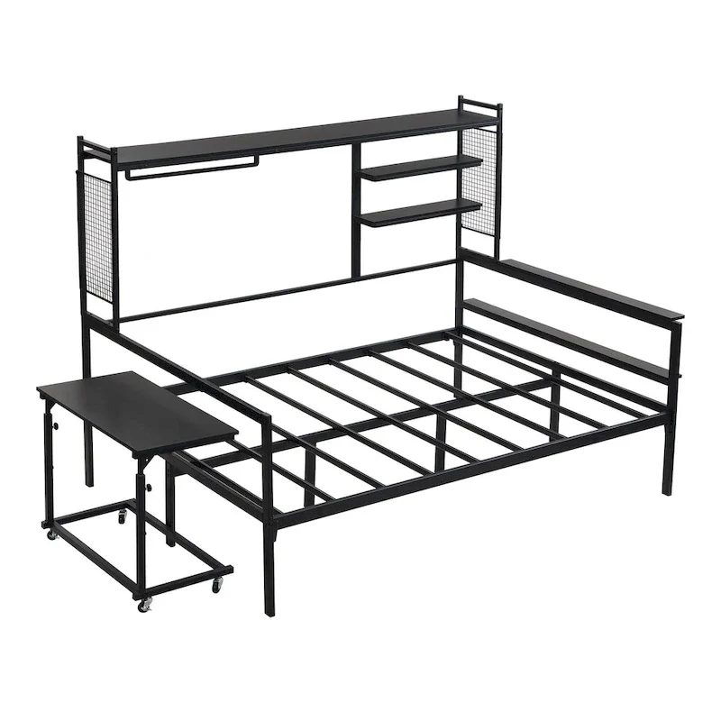 Metal Daybed with Movable Desk, Shelves and Clothes Hanger