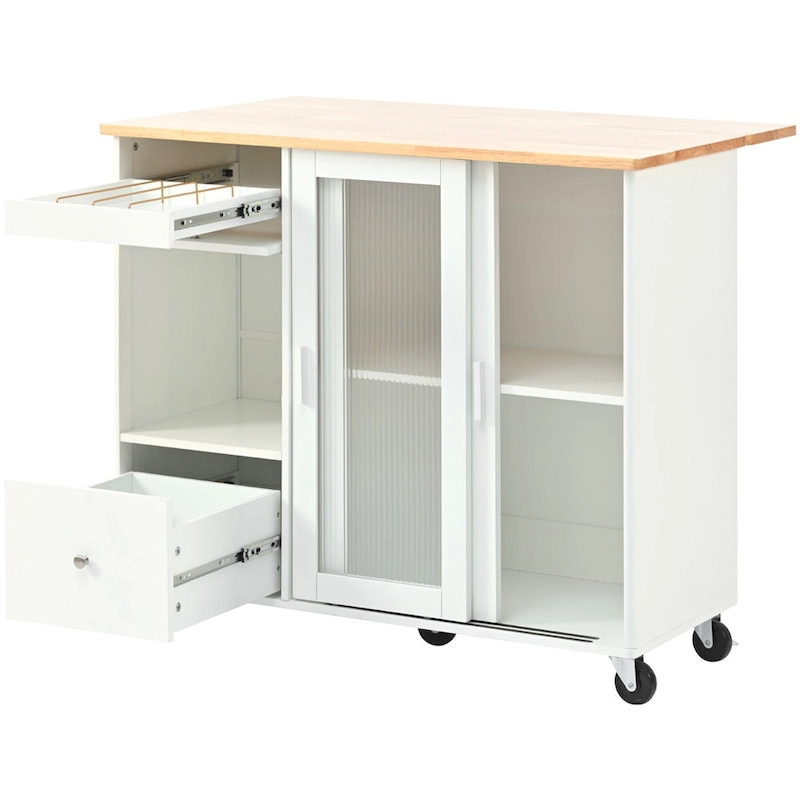 44 in. W Kitchen Island Rubber Wood Drop-Leaf Countertop on 5 Wheels with an Adjustable Shelf and 2 Drawers - 44