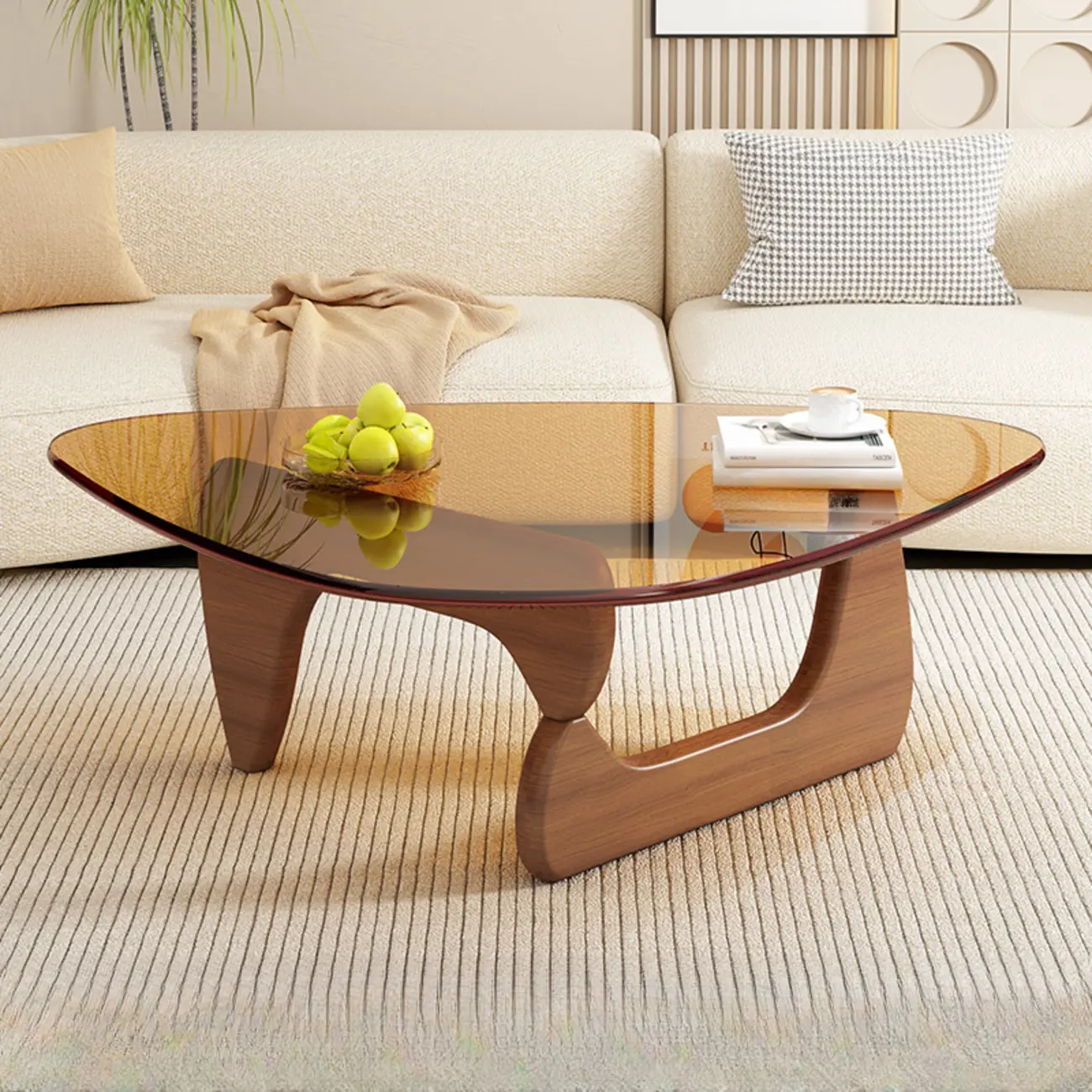 Triangular Wood Glass Top Coffee Table