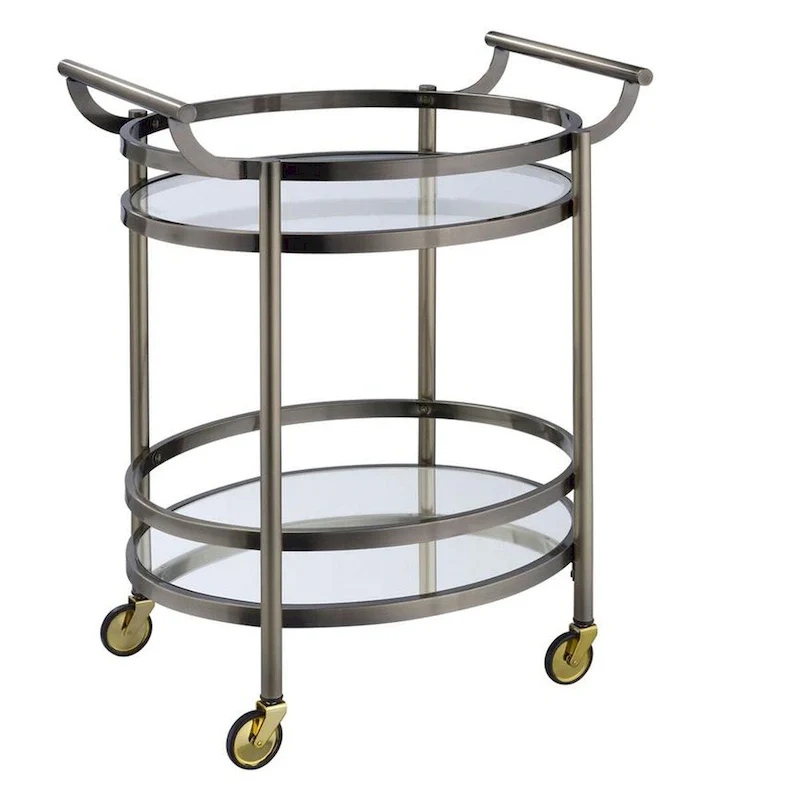 Oval Shaped Metal Serving Cart with 2 Shelves, Silver - 34 H x 19 W x 27 L Inches