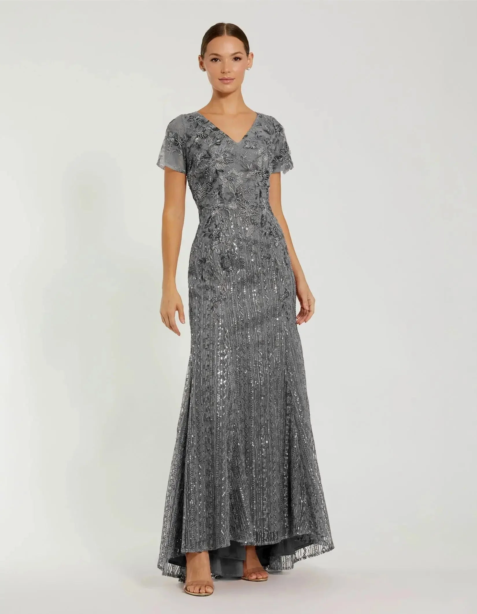 Gray Embellished V Neck Cap Sleeve Trumpet Gown - FINAL SALE