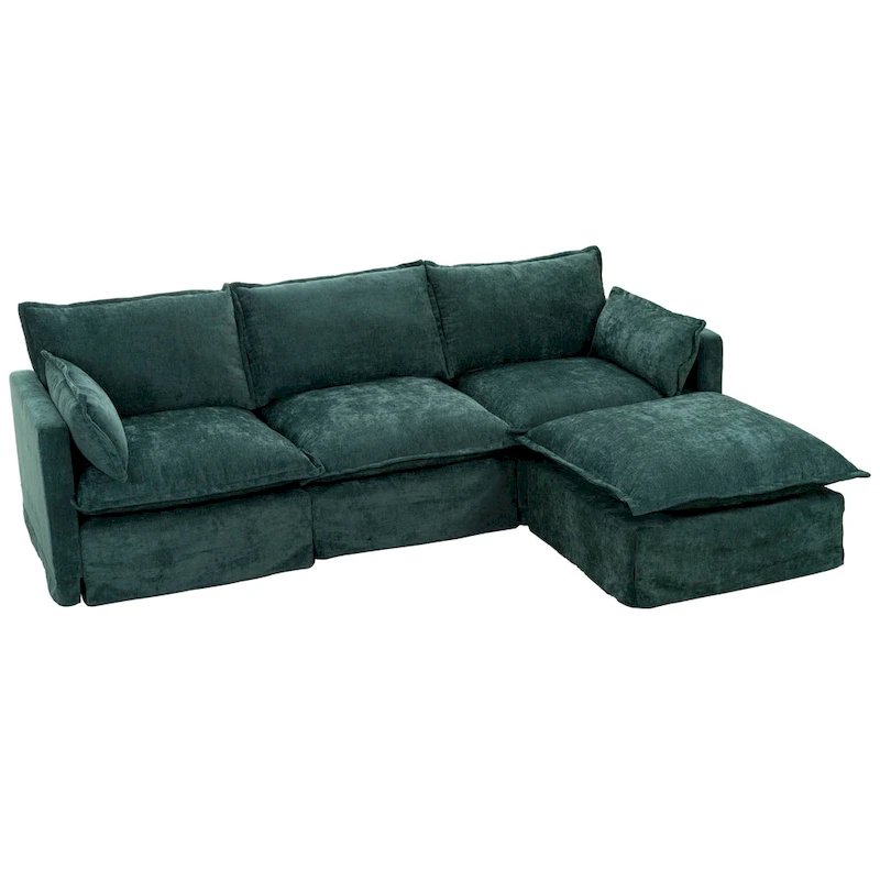 93.31 Faux Linen Modular Sectional Sofa with Ottoman, Wood Frame